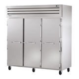 Stainless steel True Refrigeration STA3F-3S three-door commercial freezer on wheels