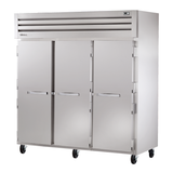 Stainless steel True Refrigeration STA3R-3S three-door commercial refrigerator on wheels