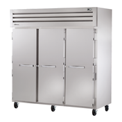 Stainless steel True Refrigeration STA3R-3S three-door commercial refrigerator on wheels