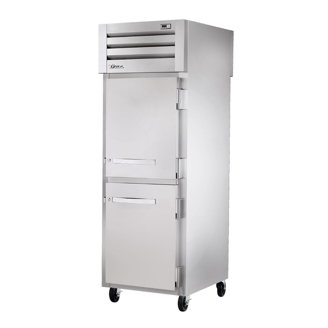 Stainless steel commercial refrigerator on wheels, True Refrigeration STG1FPT-2HS-2HS model