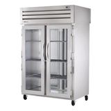 Commercial stainless steel refrigerator STR2RPT-2G-2S-HC with glass doors and adjustable shelving