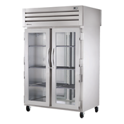 Commercial stainless steel refrigerator STR2RPT-2G-2S-HC with glass doors and adjustable shelving