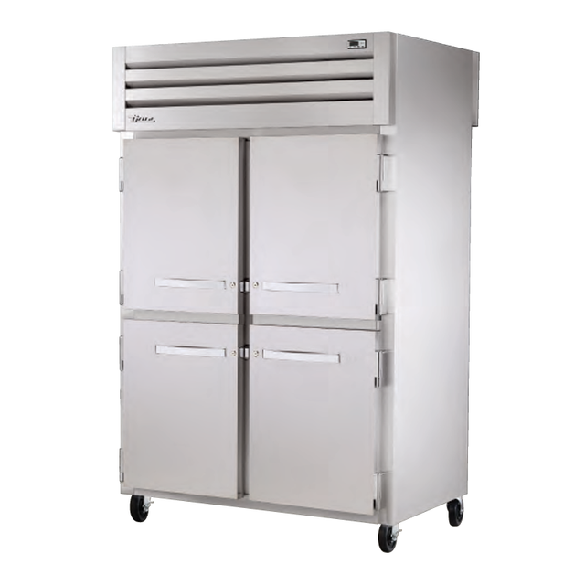 Stainless steel True Refrigeration STR2RPT-4HS-2S-HC Spec Series refrigerator on wheels