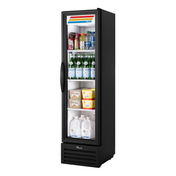 Commercial glass-door True Refrigeration T-11G-HC~TSL01 stocked with beverages and containers