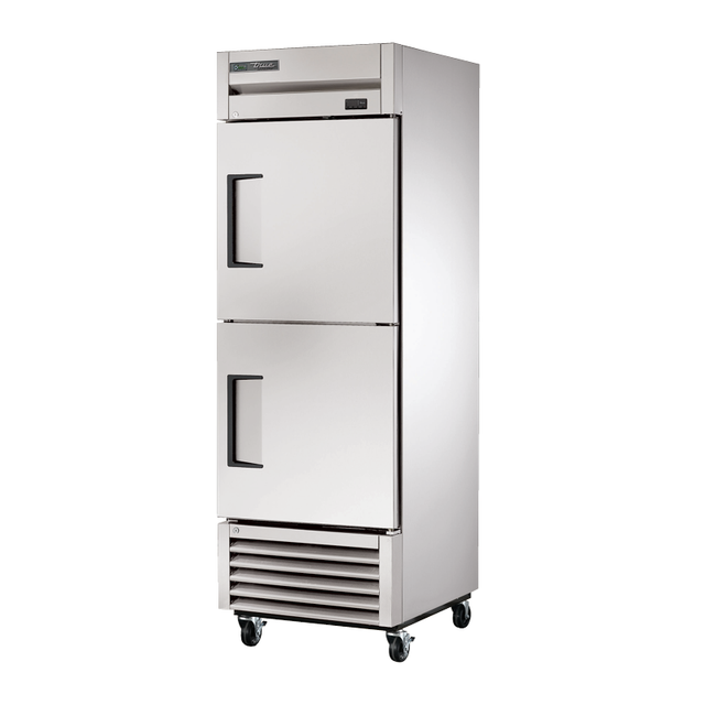 Stainless steel True Refrigeration T-23-2-HC commercial refrigerator with half-doors on wheels