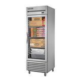 Commercial glass door freezer by True Refrigeration featuring stainless steel design, stocked with frozen food
