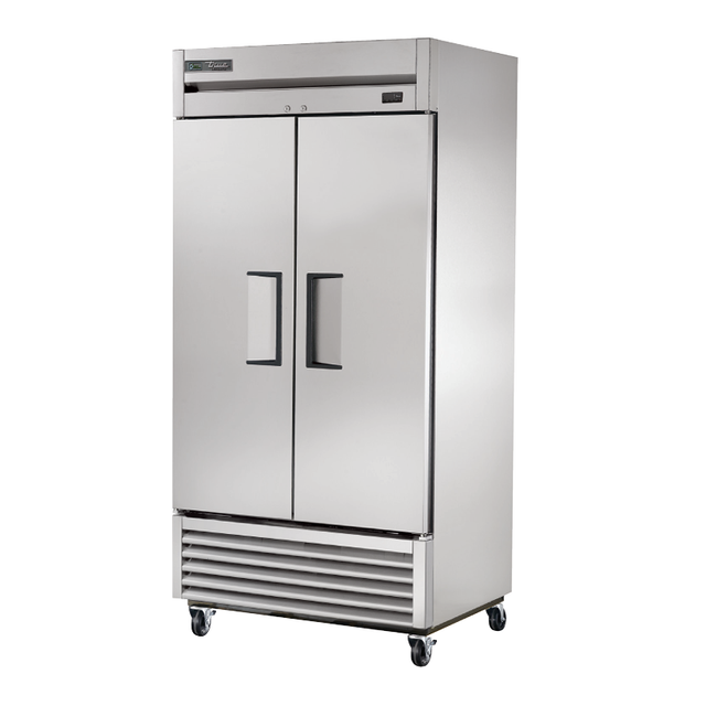 True Refrigeration T-35-HC Stainless Steel Commercial Refrigerator with Two Doors on Wheels