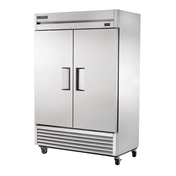 Stainless steel True Refrigeration T-49-HC commercial double-door refrigerator on wheels
