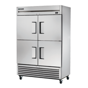 Stainless steel True Refrigeration T-49F-4-HC four-door commercial refrigerator on wheels