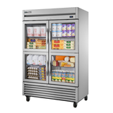 Commercial refrigerator T-49G-4-HC~FGD01 by True Refrigeration in stainless steel displaying beverages