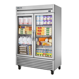 Commercial double-door True Refrigeration T-49G-HC~FGD01 with stainless steel finish, stocked with dairy
