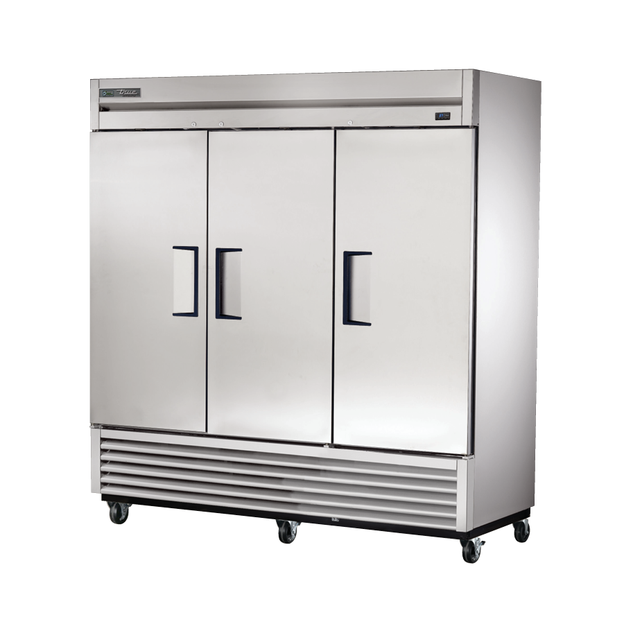 Stainless steel True Refrigeration T-72-HC three-door commercial refrigerator on wheels