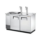 Stainless steel draft beer cooler with two taps and doors for efficient keg storage