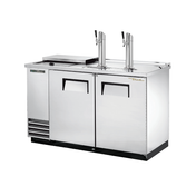 Stainless steel draft beer cooler with two taps and doors for efficient keg storage