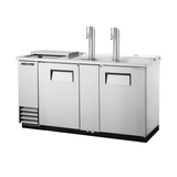 Stainless steel draft beer cooler with two taps and refrigerated storage for kegs