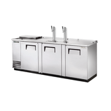 Stainless steel draft beer cooler with three doors and dual tap towers for optimal service