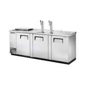 Stainless steel draft beer cooler with three doors and dual tap towers for optimal service