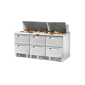 Commercial refrigerated prep table with six drawers in stainless steel for sandwich salad unit