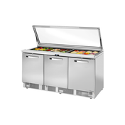 Stainless steel commercial refrigerated prep table with hinged glass lid for sandwich salad unit