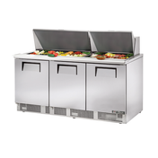 Stainless steel Sandwich Salad Unit from True Refrigeration with three doors and ingredient wells