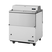 Stainless steel mobile milk cooler on wheels with hinged lid by True Refrigeration