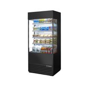 Commercial refrigerated display case with air curtain showcasing beverages and food items