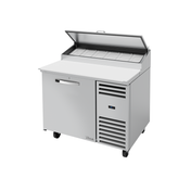 Stainless steel commercial pizza prep table with hinged lid and stainless steel cover