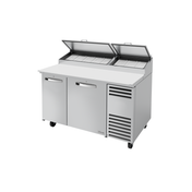 Stainless steel commercial pizza prep table with refrigerated compartments and cover
