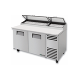 Commercial refrigerated pizza prep table with stainless steel cover and hinged lid