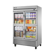 Commercial stainless steel True Refrigeration TS-49G-4-HC~FGD01 refrigerator showcasing dairy products