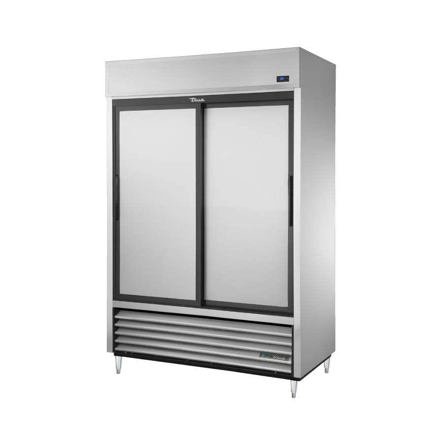 Stainless steel commercial refrigerator with steel sliding doors for efficient storage