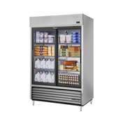 True Refrigeration TSD-47G-HC-LD Refrigerator with glass sliding doors showcasing dairy products