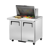 Stainless steel sandwich salad unit True Refrigeration TSSU-36-12M-B-HC with hinged lid and casters