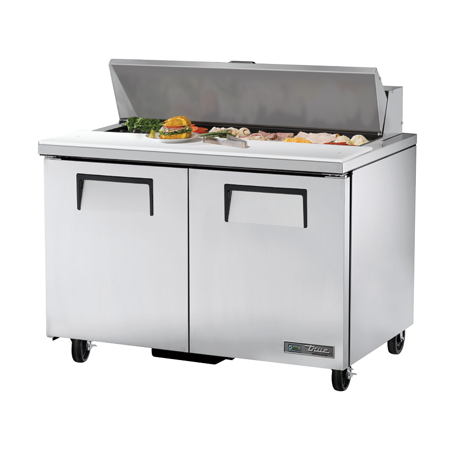 Stainless steel commercial sandwich salad unit True Refrigeration TSSU-48-12-HC with hinged lid