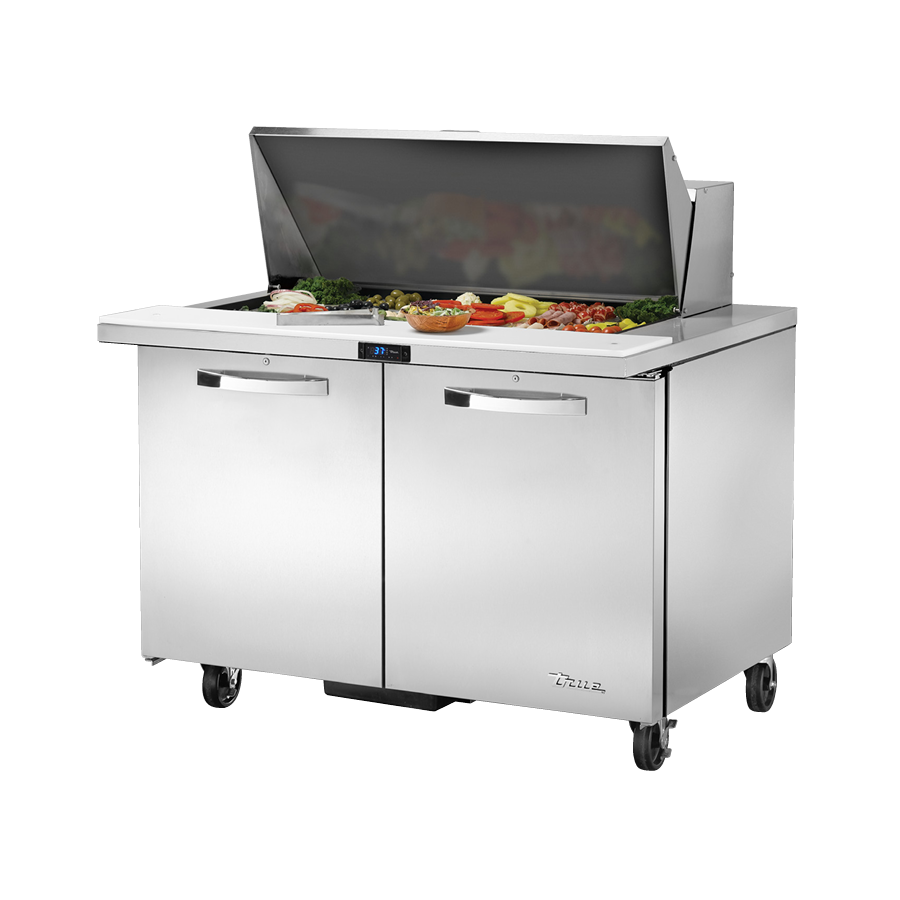 Stainless steel refrigerated prep table with doors and hinged lid for sandwich salad unit