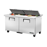 Stainless steel refrigerated sandwich salad unit on wheels with hinged lid and two doors