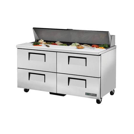 Stainless steel sandwich salad unit with four drawers and hinged lid on wheels