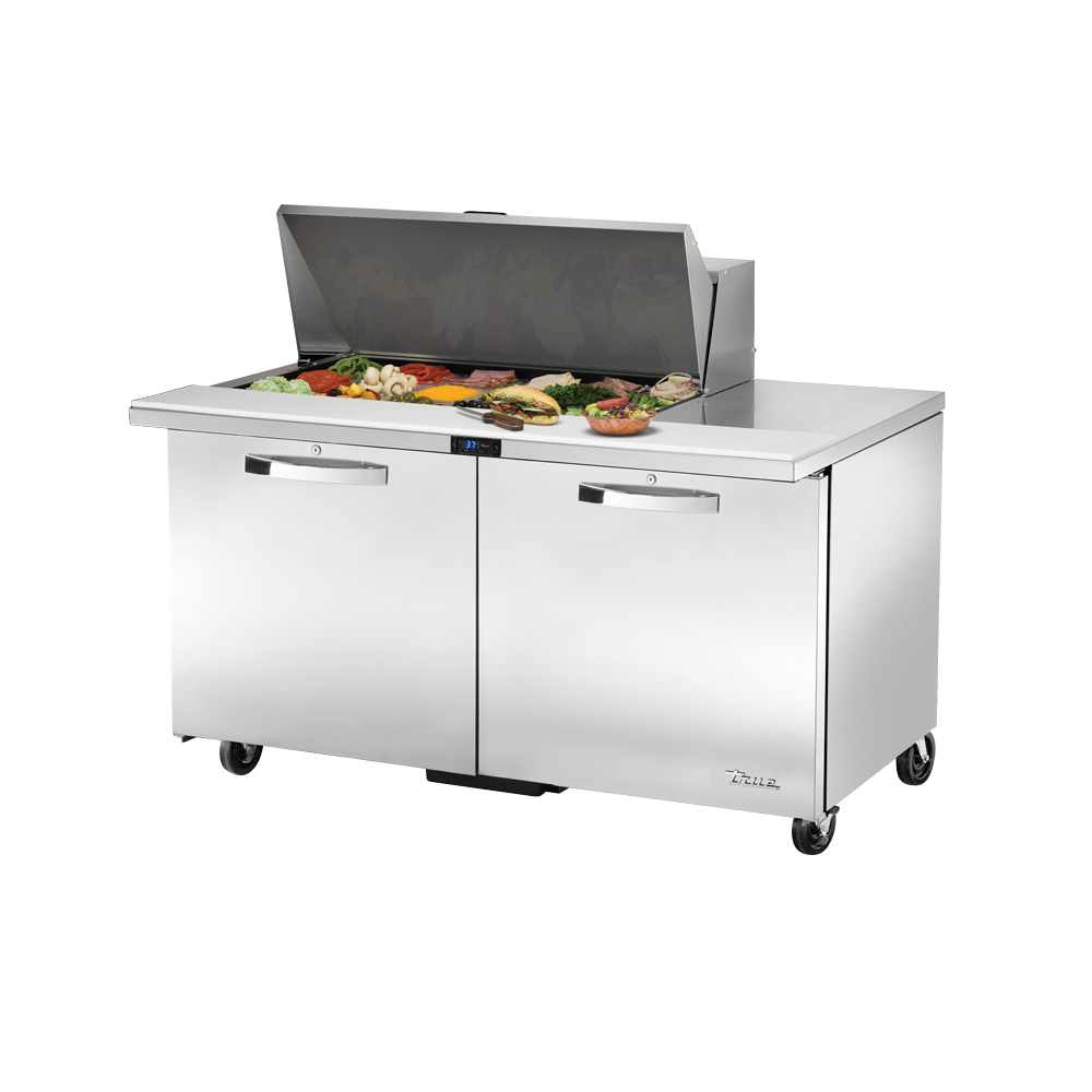 Stainless steel sandwich salad unit on wheels with open lid and ingredients inside