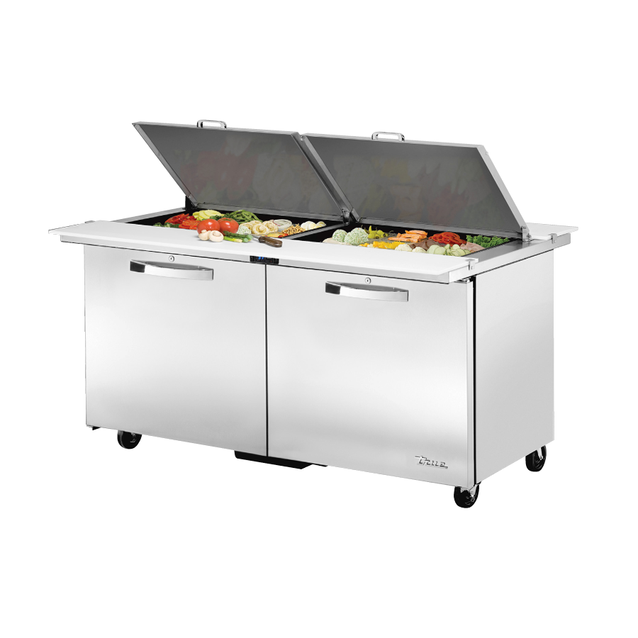 Stainless steel sandwich salad unit with dual flip-top lids for efficient food prep