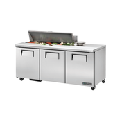 Stainless steel sandwich salad unit True Refrigeration TSSU-72-12-HC with three doors