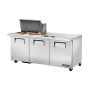 Stainless steel commercial sandwich salad unit with three doors and poly pans