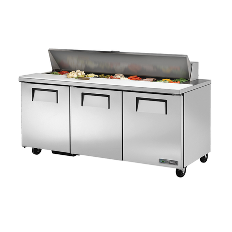 Stainless steel sandwich salad unit True Refrigeration TSSU-72-18-HC with three doors