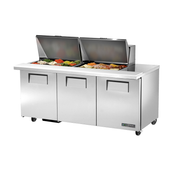 Stainless steel True Refrigeration TSSU-72-24M-B-ST-HC sandwich salad unit with doors and lids