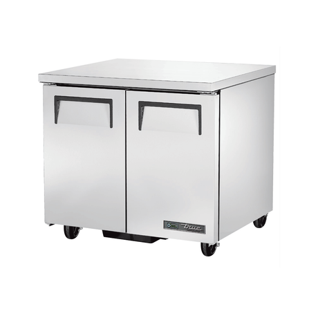 Stainless steel True Refrigeration TUC-36-HC undercounter refrigerator on wheels