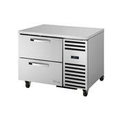 Stainless steel True Refrigeration deep undercounter refrigerator with two drawers on wheels