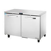 Stainless steel True Refrigeration undercounter refrigerator on wheels with two doors