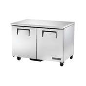 Stainless steel commercial undercounter freezer with stainless steel doors and wheels