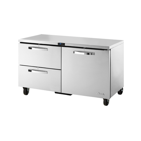 Stainless steel True Refrigeration undercounter refrigerator with two drawers and one door