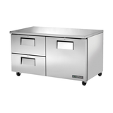 Stainless steel True Refrigeration undercounter refrigerator with drawers and door on wheels
