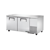 Stainless steel True Refrigeration deep undercounter refrigerator on wheels with two doors